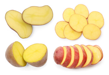 Cut raw potatoes isolated on white, collage