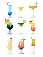 Variety of cocktails on glasses isolated on white, set