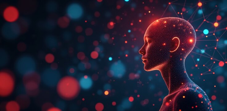 Futuristic humanoid figure illuminated by abstract neon lights - Powered by Adobe