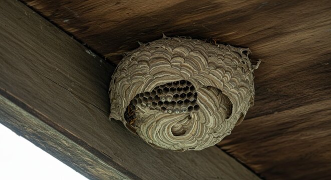 Intricate Wasp Nest Hanging from Wooden Structure, Close-Up View