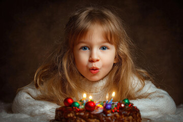 joyful child is blowing out candles on festive christmas cake radiating happiness