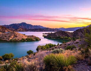Serene mountain lake at sunset