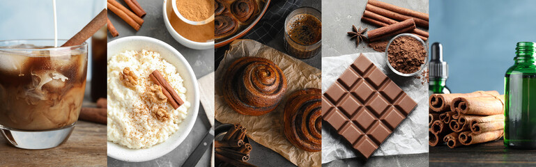 Cinnamon, collage with aromatic spice added to food and drink