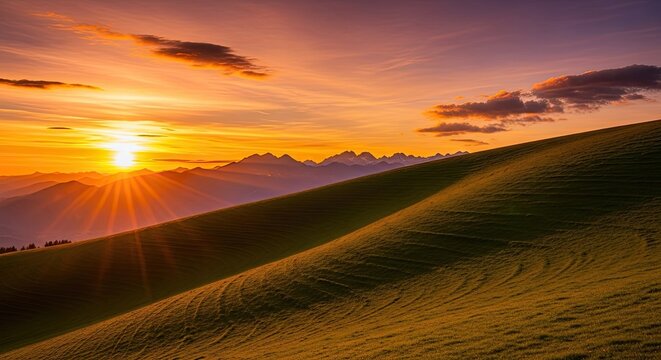 Vibrant Sunset Over Rolling Hills and Distant Mountains.