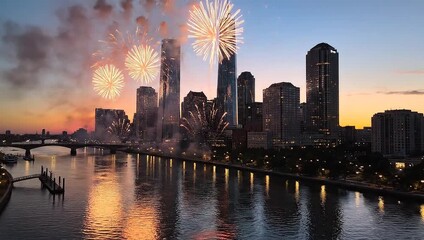 Cityscape Fireworks Spectacle: A mesmerizing view of a city skyline illuminated by vibrant fireworks during a special event, showcasing the urban landscape's vibrant celebratory atmosphere. - Powered by Adobe