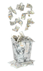 Money falling into trash bin against white background