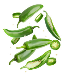 Green jalapeno peppers falling against white background. Whole and sliced