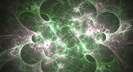 Luminous Green Fractal: Abstract Energy Web with Circular Voids and Pink Accents