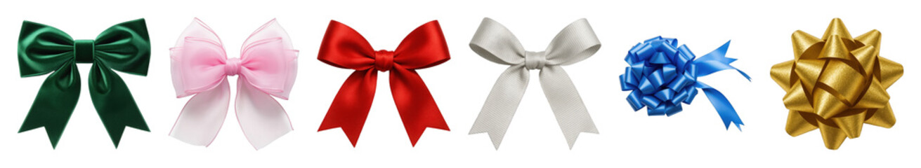 Decorative gift bow set including velvet, satin, sheer, grosgrain, curly, and glitter styles isolated. For presents, celebrations, and festive occasions.