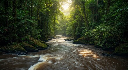 Obraz premium Lush Rainforest River: Sunlight Streaming Through Emerald Canopy, Mossy Rocks, and Rushing Water