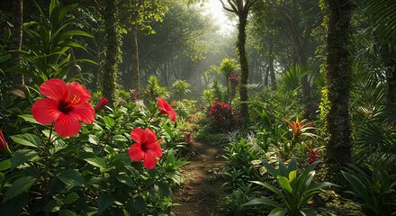 Obraz premium Lush Tropical Path with Vibrant Red Hibiscus Flowers and Sun-Dappled Foliage