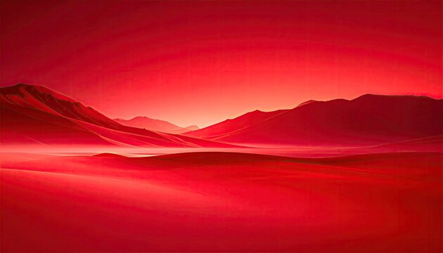 Abstract Pixelated Red Landscape with Mountainous Terrain and Foggy Atmosphere at Sunrise