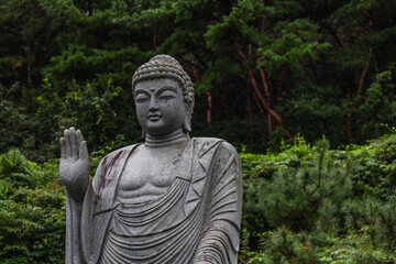 A stone Buddha statue against a backdrop of lush green forest. A mystical and tranquil atmosphere.