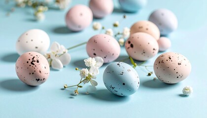 Fototapeta premium Pastel Speckled Easter Eggs with White Flowers on Blue Background