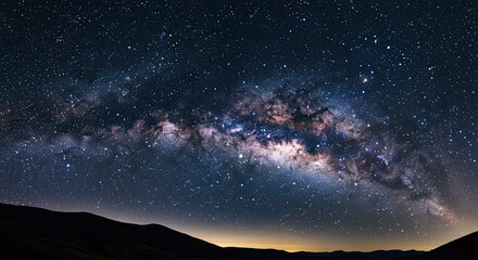 Fototapeta premium Majestic Milky Way Galaxy Over Dark Mountain Silhouette, Night Sky