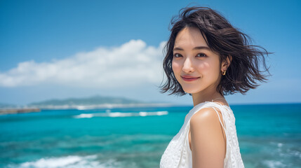 Smiling Japanese woman in white dress on tropical turquoise beach
