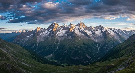 Naklejka premium Majestic Mont Blanc Range: Golden Hour Light on Snow-Capped Peaks and Verdant Valleys
