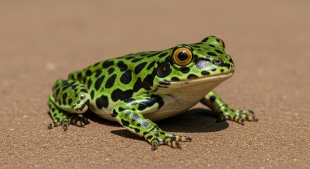 Fototapeta premium Portrait of a Bright Green Leopard Frog Resting on Neutral Surface