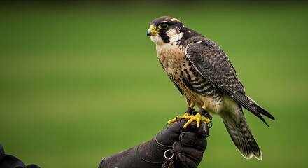 Majestic Peregrine Falcon Perched on Gloved Hand, Green Background.