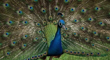 Naklejka premium Majestic Peacock Displaying Vibrant Feathers, Eye-Spots, and Intricate Patterns