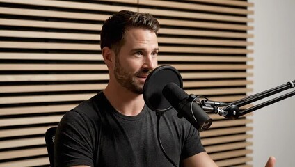 Podcast Interview: A man with dark hair engages in an interview, microphone captures his every word, with a minimalist backdrop of wooden paneling adding a touch of elegance to the scene.