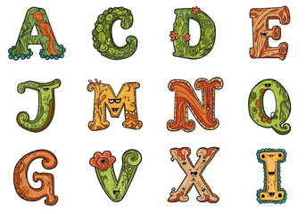Cartoon Alphabet Letters with Floral and Organic Designs Whimsical Font.
