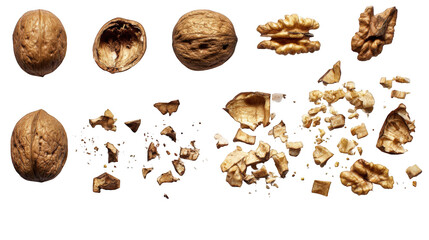 Collection of whole cracked and shelled walnuts on isolated transparent background.