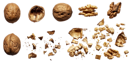Collection of whole cracked and shelled walnuts on isolated transparent background.