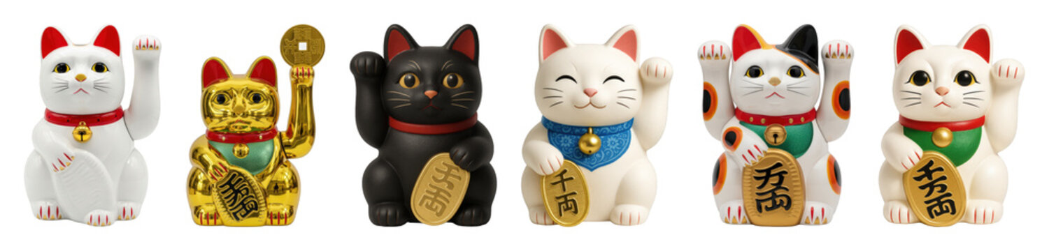 Maneki-neko cat set including white, black, gold, and calico variations isolated. Japanese good luck and fortune charm collection.