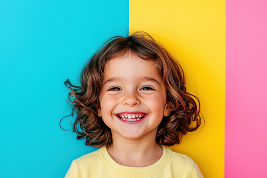 Portrait of a cheerful curly haired child smiling brightly against colorful split background in blue yellow and pink, happy childhood lifestyle concept showing joy positivity and innocence
