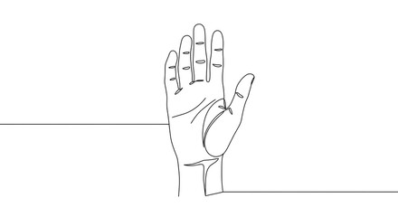 Minimalist Hand Gesture: Open Palm, Continuous Line Art, White Background.