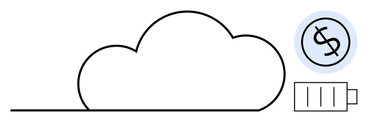Cloud outline with a dollar sign and battery icon highlighting energy resources, cost-effectiveness, and sustainable digital services. Ideal for cloud services, energy conservation, financial