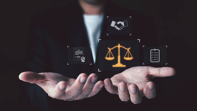 A businessman holds out open hands, presenting digital legal and business icons including a balance scale, handshake, certified document, and checklist, symbolizing comprehensive service.