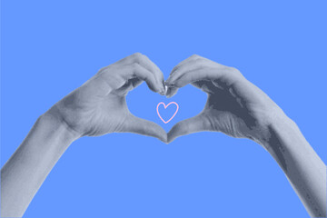 Halftone vector hands pointing at each other with a love symbol. Vector illustration eps
