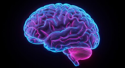 Neon Brain:  3D Render of Human Brain with Glowing Neural Pathways