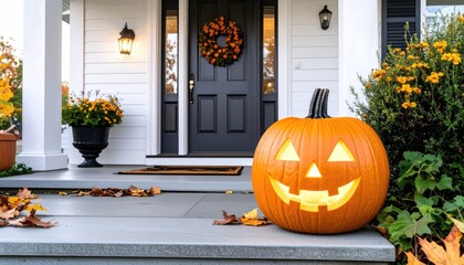 Illuminated Jack O'Lantern on Autumn Porch