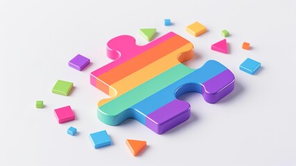 Realistic large puzzle piece with vibrant rainbow gradient on white background, scattered colorful geometric shapes flying out