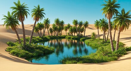 Obraz premium Oasis Serenity: Palm Trees Reflecting in Tranquil Desert Pond, Clear Sky.