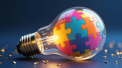 Photo-realistic glass light bulb filled with vibrant puzzle pieces in red, blue, yellow, orange, purple, soft golden glow, dark blue to deep purple gradient background, subtle sparkles, 