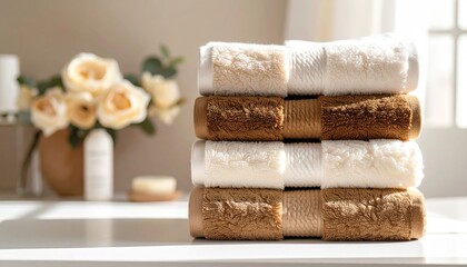 Stack of Soft Brown and White Bath Towels on White Surface