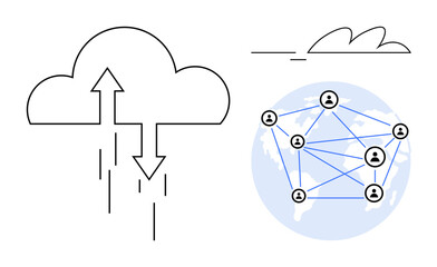 Cloud uploading and downloading arrows beside a globe showcasing a network of interconnected user nodes. Ideal for technology, data sharing, cloud services, global communication, network