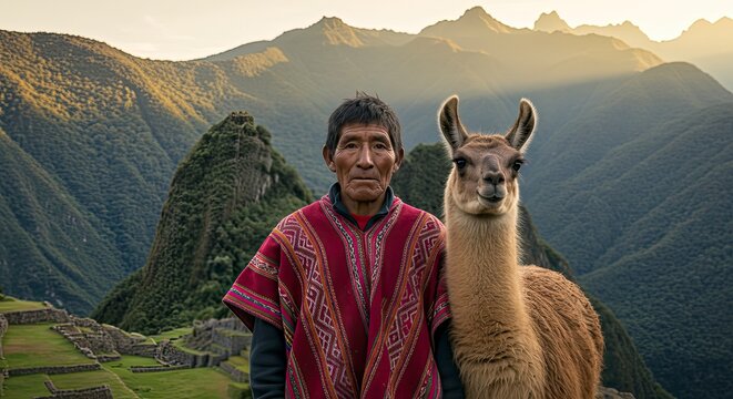 Peruvian Man and Llama at Machu Picchu, Majestic Mountain Backdrop