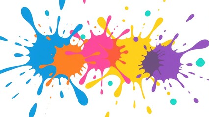 Photo-realistic watercolor paint splatters in vibrant blue, orange, pink, yellow, and purple on white background with teal accents and dynamic shapes