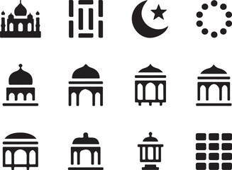 Islamic Icon Vector Set with Mosque, Crescent, and Geometric Elements for Cultural Themes