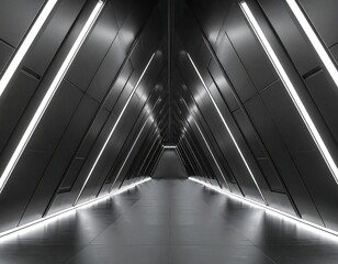 Futuristic tunnel with triangular panels and vibrant light