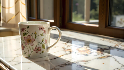 Floral mug on marble countertop by sunlit window, casting shadows, creating a serene morning scene with warm light and inviting ambiance, isolated on white background
