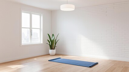 Bright minimalist room with white brick walls, light wooden floor, white-framed window, blue yoga mat, ceiling light, and snake plant in white pot