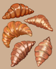 Set of art croissants on a beige background