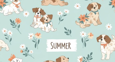 Delightful summer seamless pattern with cute dogs and floral accents design