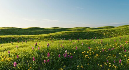 Fototapeta premium Rolling Green Hills Dotted with Vibrant Purple and Yellow Wildflowers Under a Clear Sky